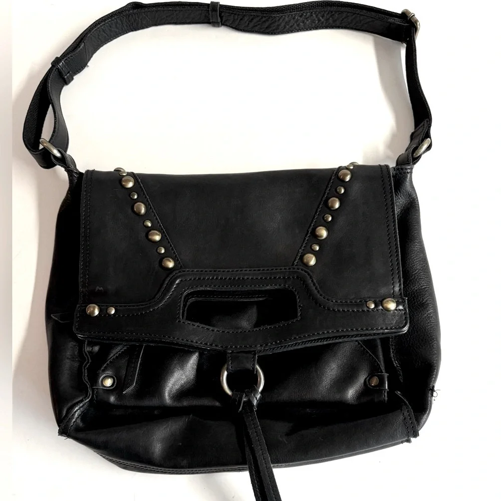 Lucky Brand Abbey fold over black leather studded messenger bag.Very Clean.